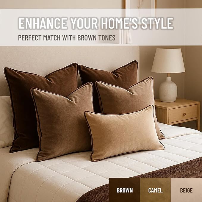 2 Pack Velvet Decorative Throw Pillow Covers, 18"x18", Camel and Brown, Solid, Modern, Contrast Piping, Indoor Use, Bedroom & Living Room