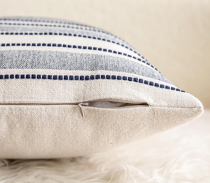 Decorative Boho Throw Pillow Covers, Farmhouse Textured Pillow Case, 18 x 18 Inch Set of 2, Chair Sofa Bedroom Living Room Decor Couch Cushion Case, Navy Blue and Beige Striped