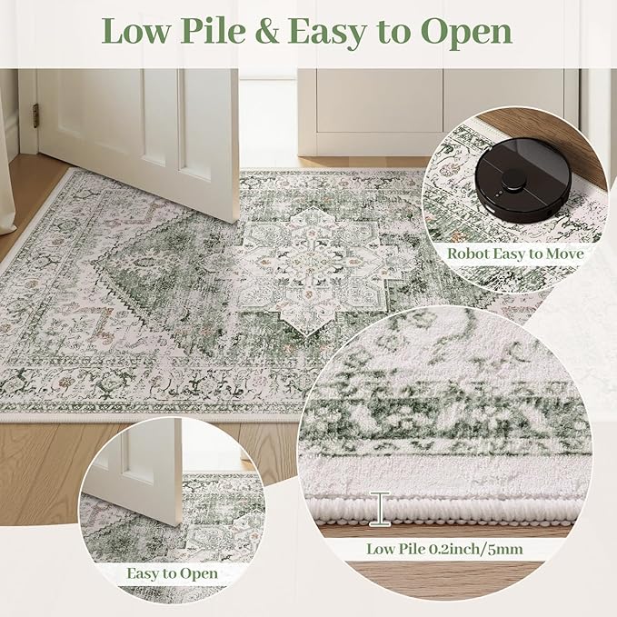 LIVEBOX Washable Area Rug 8x10 - Large Vintage Tribal Living Room Rug Oriental Rugs for Bedroom, Non-Slip Retro Medallion Carpet Print Distressed Rugs for Dining Room Home Office Sage