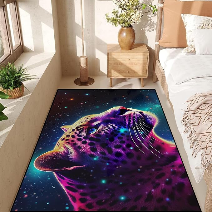 Galaxy Leopard Rug Fierce Panther Head Area Rugs for Boys Kids Bedroom Living Room Gameroom Girls Glitter Carpet Floor Mat Throw Rugs 79 in x 39 in