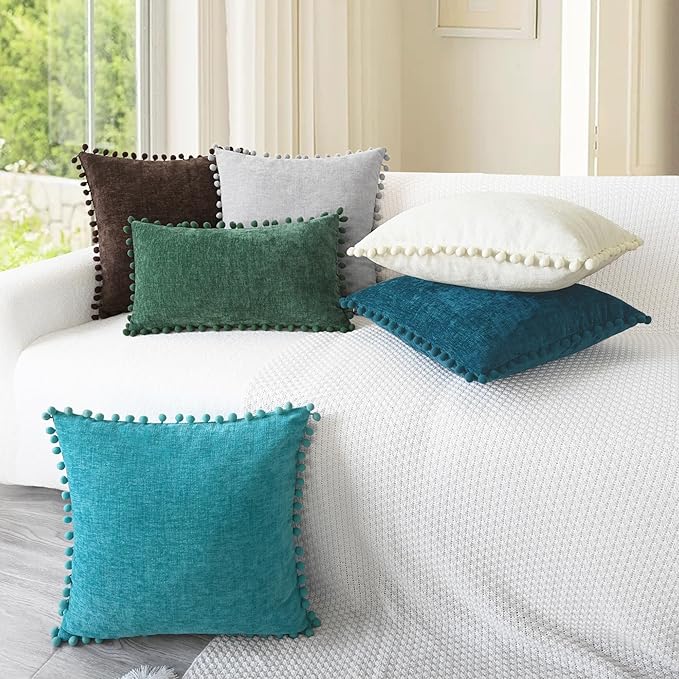 CaliTime Throw Pillow Covers Decorative 22 X 22 Inches Pack of 2 Cozy Solid Dyed Soft Chenille Cushion Cases with Pom Poms for Couch Sofa Bed Living Room Home Coffee