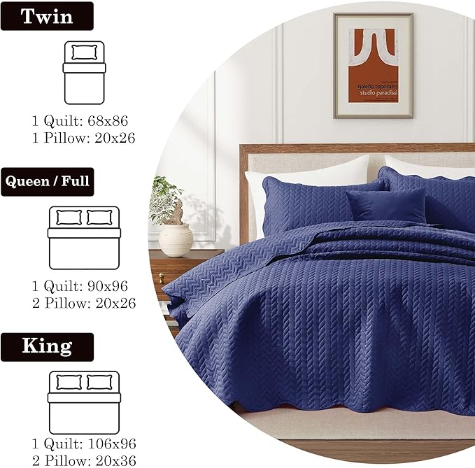 IR Imperial Rooms King Quilt Bedding Set Size (106" x 96") + 2 Pillow Shams (20" x 36"+ 2") - 3 Pcs All Season Lightweight Reversible Microfiber Coverlet Embossed Quilt Bedspread (Navy)