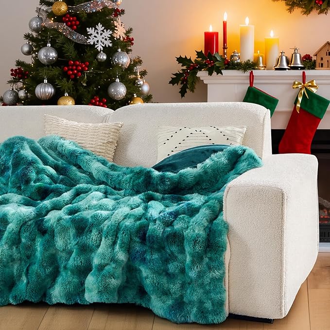 Lotus Karen Faux Fur Throw Blanket Tie-Dye Green - Big Bubble Rabbit Fluff Blanket for Couch, Large Fluffy Fuzzy Cozy Blanket,Thick Furry Plush Shaggy Blankets,90x90 Inches