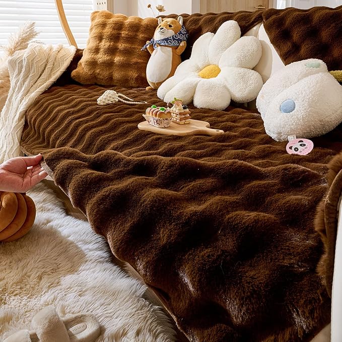 Faux Fur Couch Cover Fuzzy Soft Plush Thick Bubble Sofa Cover Luxury Sectional Couch Covers Luxury Anti-Slip Sofa Slipcover Washable Furniture Protector (Coffee,36"x47")