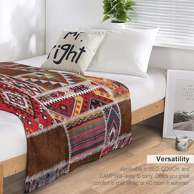 Southwest Aztec Throw Blanket, Native Bohemian Retro Patchwork Traditional Geometric Soft Flannel Blanket Warm Blankets for All Seasons, Bed Couch Sofa 60"x80"