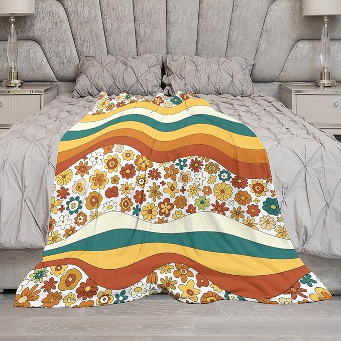 70s Retro Floral Throw Blanket, Boho Groovy Wavy Geometric Hippie Cute Flowers Yellow Orange Abstract Print Blanket for Holiday Theme Home Decor Bedding Couch and Gift 40"x50"
