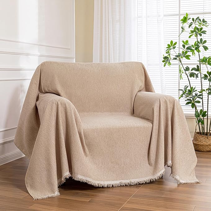 MEETSKY Sofa Covers Armchair Single Couch Cover for Dogs,Throw Couch Cover with Tassel Recliner Chair Recliner Cover Washable 1 Cushion Couch Chenille Couch Protector, 71"x 91", Khaki