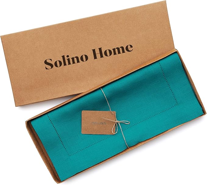 Solino Home Linen Hemstitch Table Runner 90 Inches Long - 100% Pure Linen Teal Table Runner 14 x 90 Inch for Christmas, New Year - Classic Hemstitch