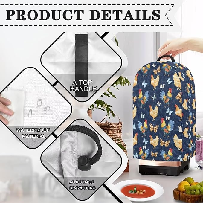 Butterfly Rooster Blender Dust Cover Stand Mixer or Coffee Maker Appliance Covers with Drawstring Anti Fingerprint Polyester Dust Stain Resistant Blender Cover for Home Kitchen