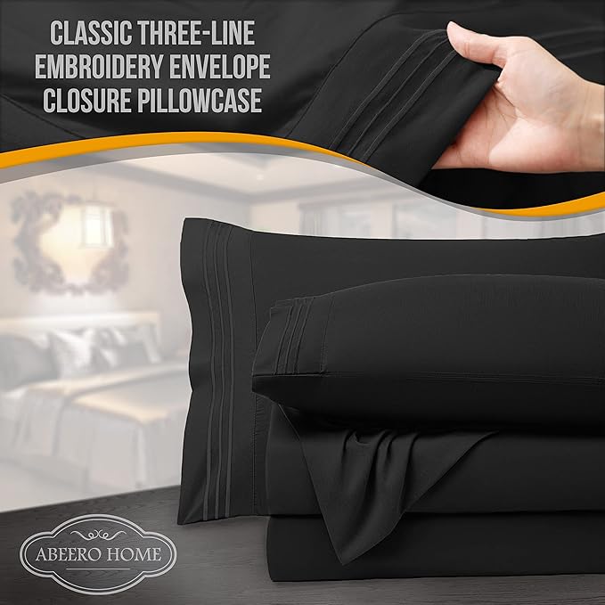 Twin Sheets Set - Luxury Hotel Bed Sheets - Soft Cooling Sheets with Elastic Corner Straps - Deep Pockets Microfiber Bedsheets - Bedding Sheet & Pillowcases Sets 3 PC (Twin Size, Black)