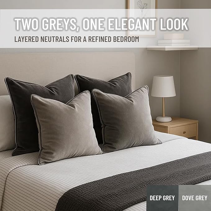 2 Pack Velvet Decorative Throw Pillow Covers, 20"x20", Deep Grey, Solid, Modern, Contrast Piping, Indoor Use, Bedroom & Living Room