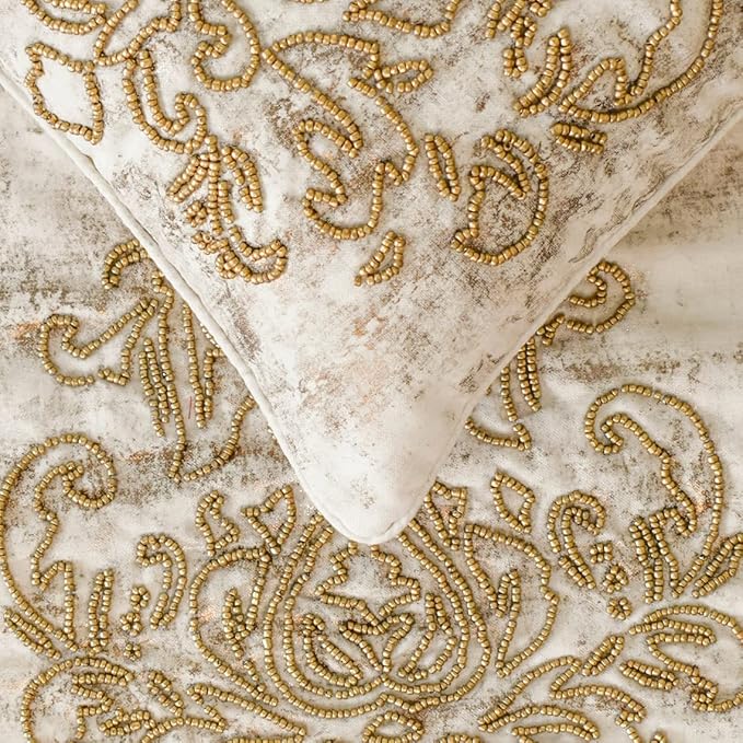 The HomeCentric King/Queen/Twin Ivory & Gold Decorative Queen 74"x18" Bed Runner with 2 Pillow Cover, Beaded & Foil Bed Scarf on Silk Fabric - Foil Damask Gold