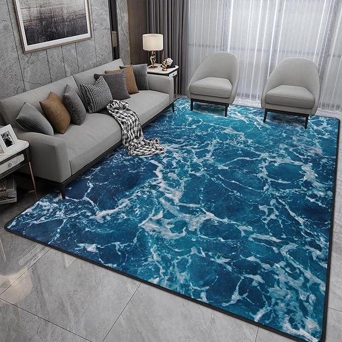 9CH Ocean Beach Area Rug 6'x9', Blue Sea Waves Polyester Area Rug Non-Slip Carpet Mat for Living Dining Dorm Room Bedroom Home Decorative