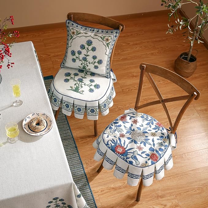 patdrea Pack of 2 Chair Cushions for Dining Chairs with Ruffled, Blue Floral Ivar Seat Cushion with Ties,Non Slip Chair Pads Decor for Bar Stool Cushions, Indoor Kitchen Chairs, 17.7"x17.7"