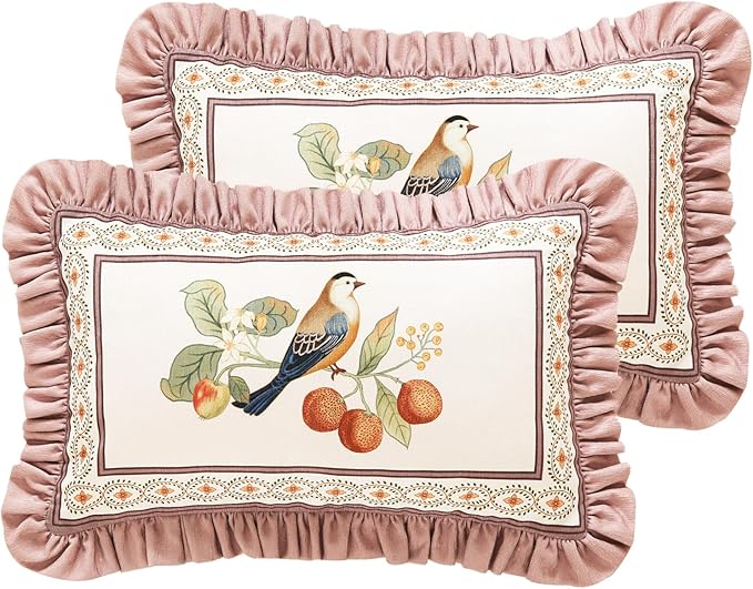 Rectangle Pink Farmhouse Throw Pillow Covers Pack of 2,Birds and Flowers Pattern Cozy Velvet Pillowcases,Decor Lumbar Pillows Cushion Covers for Couch Sofa Bed Car Chair,12"x20"