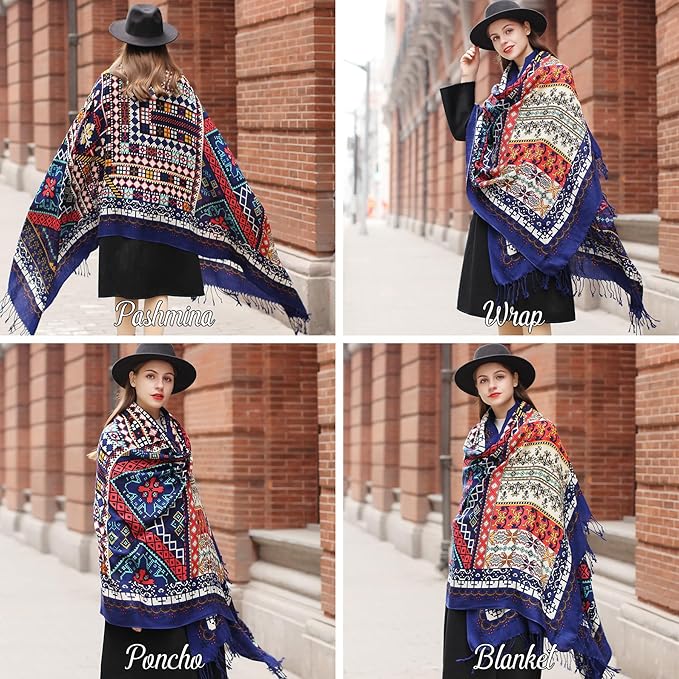 DANA XU 100% Merino Wool Pashmina Shawl for Women 96"x43", Oversized Cashmere Wrap with Tassels, Floral Travel Blanket Cape