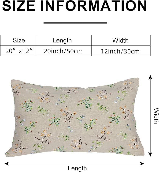 Spring Flower Lumbar Throw Pillow Cover 12x 20 Set of 2, Embroidered Branch Farmhouse Neutral Linen Pillow Cushion Cases, Decorative Pillows for Bed, Outdoor Couch Bedroom Car Green