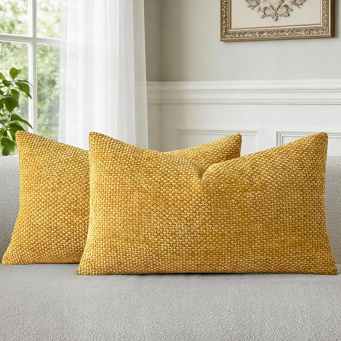a moment Fall Mustard Yellow Chenille Throw Pillow Covers 12x20 Inch Pack of 2 Modern Decorative Throw Pillow Covers Farmhouse Cross Covers Home Decor for Sofa Bedroom Living Room