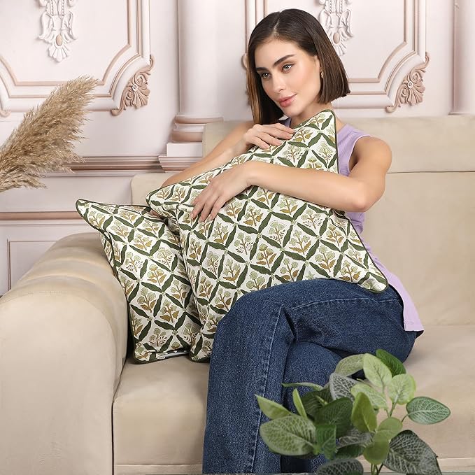 SheetKart Pure Cotton Throw Pillow Covers - Set of 2 - Hand Block Pure Cotton Printed Boho Decorative Pillow Covers - Cushion Covers for Living Room, Bohemian Theme, 19 x 19 Inches, Sagewood Olive