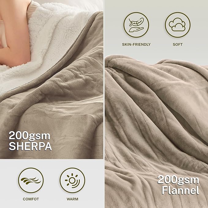 Heat Blanket 90”x100” King Size-Dual Control,Soft Flannel & Sherpa Electric Blanket with 10 Heat Settings,12 Timer Setting and 8 Hours Auto-Shut Off,ETL Certified Machine Washable,Light Brown
