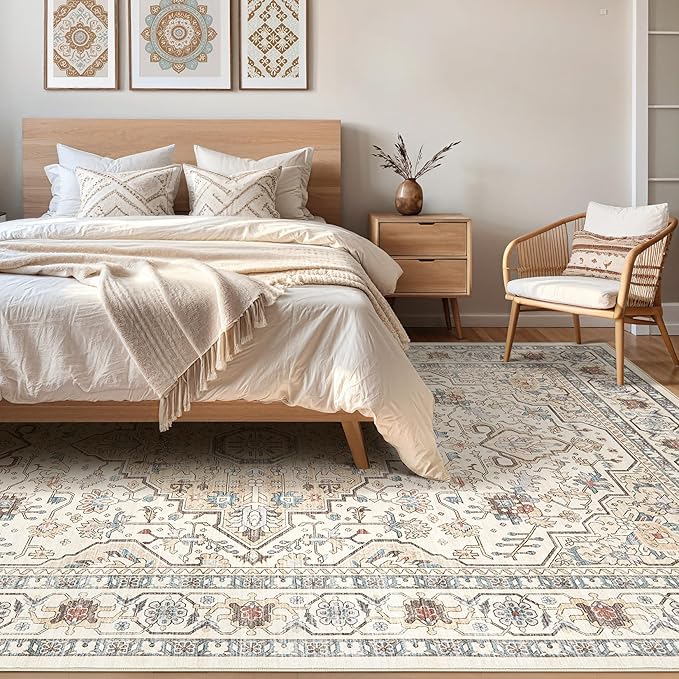 10x14 Area Rugs Living Room: Washable Boho Large Neutral Vintage Soft Rug Stain Resistant Farmhouse Non Slip Indoor Floor Carpet for Bedroom Nursery Kids Playroom Office Dining Room- Cream Blue