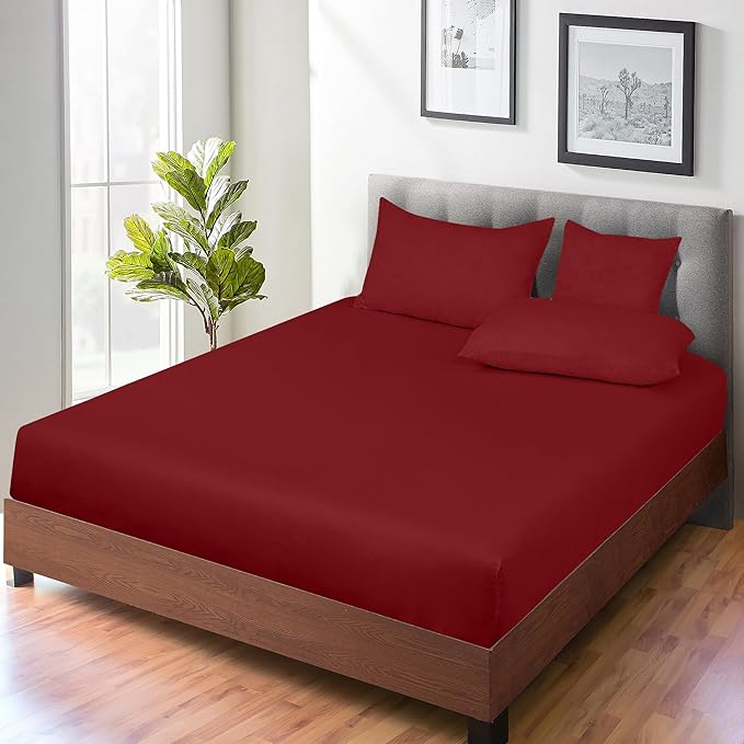 ROYALE LINENS 300 Thread Count 100% Long Staple Combed Cotton Fitted Sheet Full - Super Soft Deep Pocket Bottom Sheet - Fitted Sheets Only - Elastic Sheets (Full, Red)