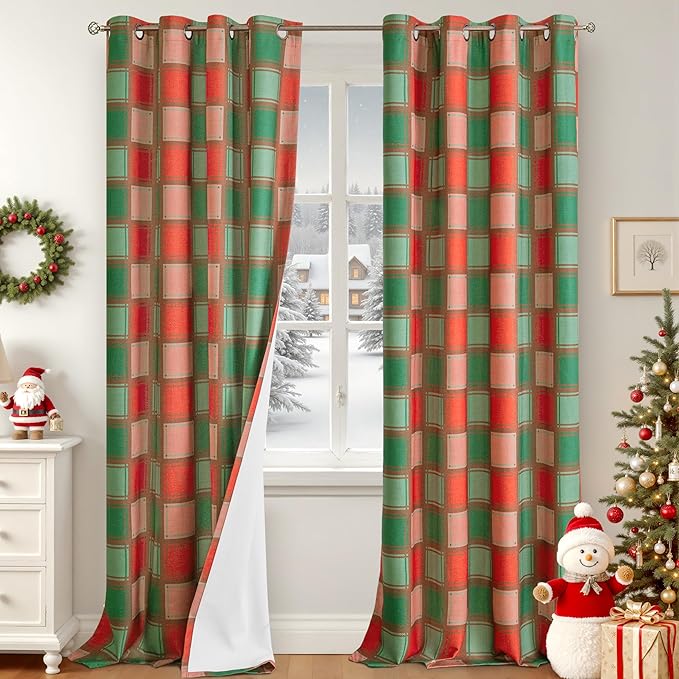 Plaid Christmas Curtains Gingham Patterned - Total Linen Blackout Curtains for Living Room, Farmhouse Checkered Boho Drapes for Bedroom Winter Thermal Insulated 52x90 Inch 2 Panels, Red Green