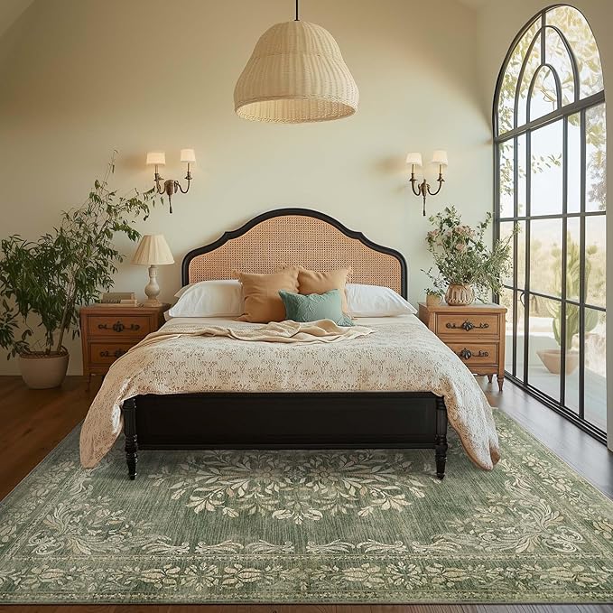 jinchan Green Floral 8x10 Area Rugs for Living Room - Machine Washable Vintage Distressed Design Soft Throw Rug Non-Slip Large Christmas Carpet for Bedroom Nursery Home Office (8x10ft, Dark Green)
