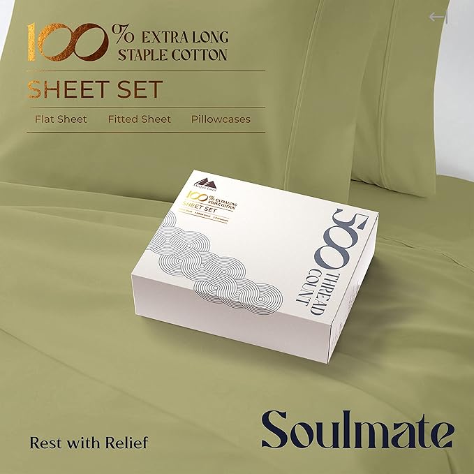 Mayfair Linen 500 Thread Count Full Cotton Sheets - 4 PC Full Size Bed Sheet Set Cotton (Sage Green), Soft, Cooling, Sateen Hotel-Quality 16" Deep Pocket Bedsheet for Hot Sleepers (Fits 18" Mattress)