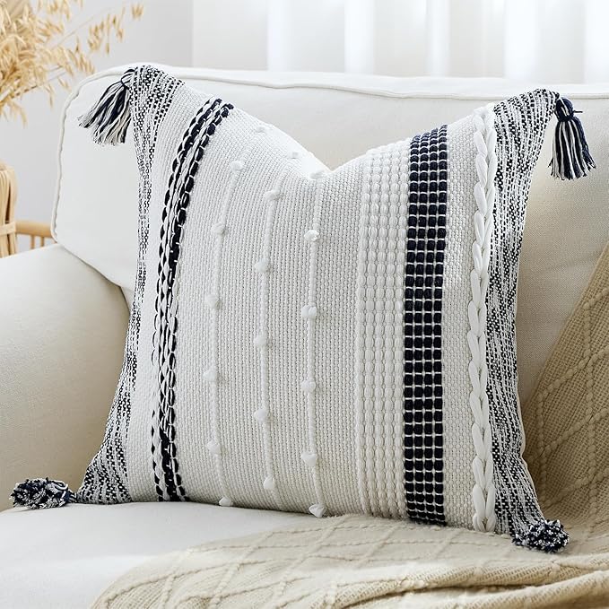 Boho Pillow Cover 18x18 Navy Blue - Handmade Woven Textured Throw Pillow Case with Cordings & Tassels, Decorative Accent for Couch Sofa Farmhouse Living Room Home Decor