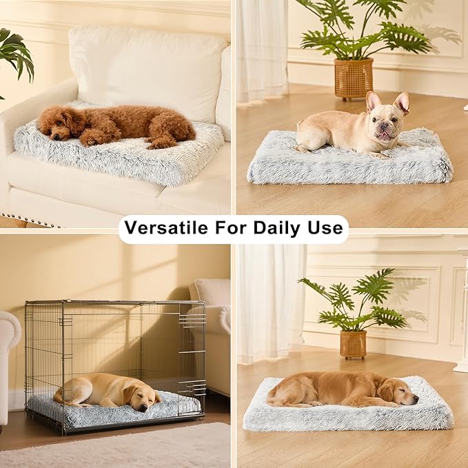 Fluffy Orthopedic Dog Beds for Large Dogs with Washable Removable Cover Dog Crate Bed Egg Crate Foam Support Plush Pet Pad Mat with Anti-Slip Bottom(Grey,42 * 28)