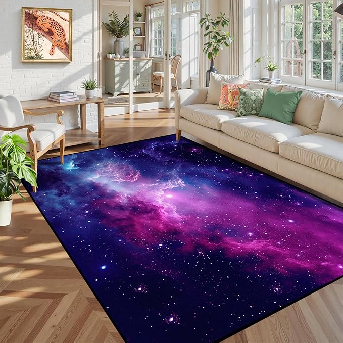 5' X 7' Purple Galaxy Rug Space Rugs Colorful Throw Rug Non-Slip Sun and Cloud Carpet Doormats for Living Room Bedroom Apartment Dorm Floor Mat