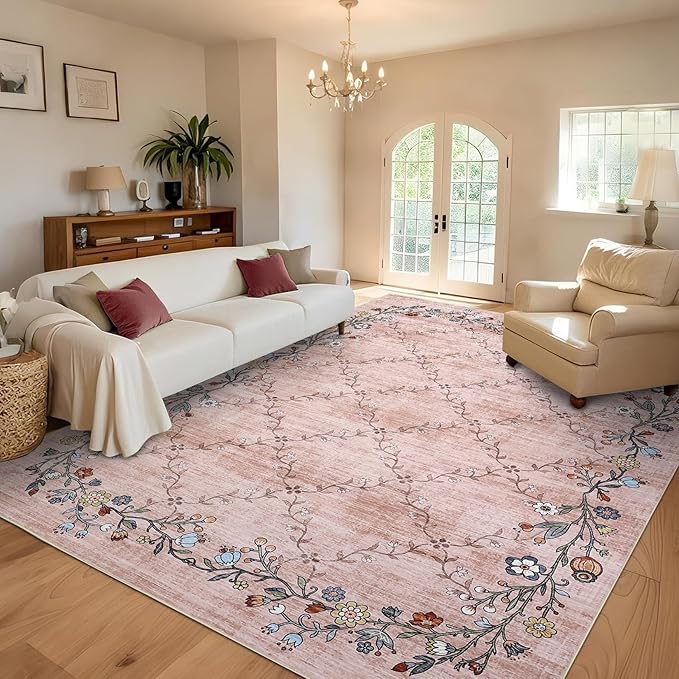 GarveeHome 10x13 Washable Floral Area Rugs for Living Room: Modern Floral Non Slip Large Area Rugs for Bedroom, Large Machine Washable Living Room Low Pile Carpet with Non-Slip Backing Pink 10'x13'.