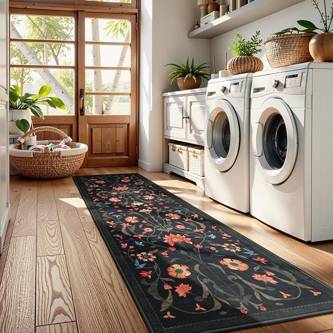 LIVEBOX Black Runners for Hallway - Boho Floral 2'6"x8 Washable Runner Rug, Non-Slip Kitchen Runner Rug, Soft Low-Pile Non-Shedding Carpet Runners for Hallway Entryway Bedroom Bathroom Farmhouse