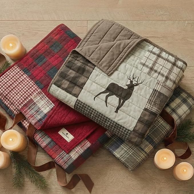 Woolrich Luxury Quilted Throw - Cabin Lifestyle, Patchwork with Moose Design All Season, Lightweight and Breathable Cozy Bedding Layer Throws for Couch Sofa, 50" W x 70" L, Tasha Taupe
