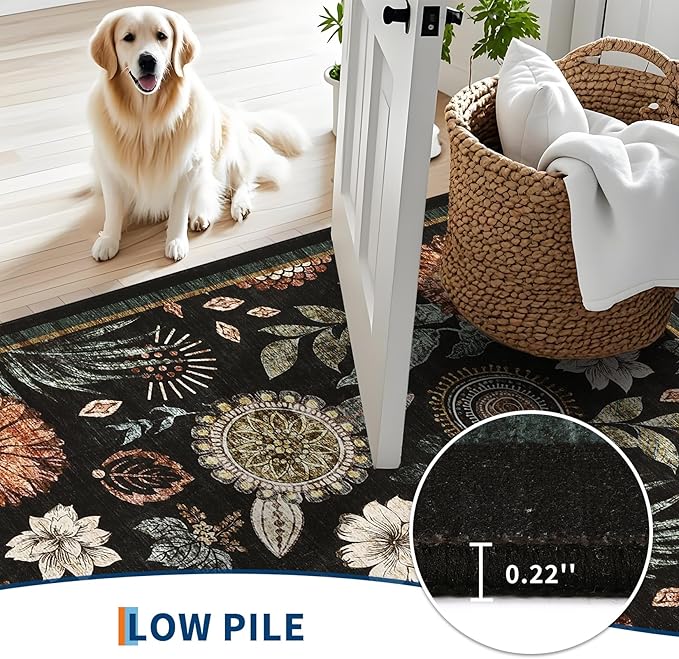 GarveeHome 5x7 Floral Washable Area Rug: Large Living Room Area Rug with Non-Slip Backing Washable Ultra Soft Bedroom Floral Carpet Indoor Stain Resistant Carpet for Dining Room 5 * 7 ft Black