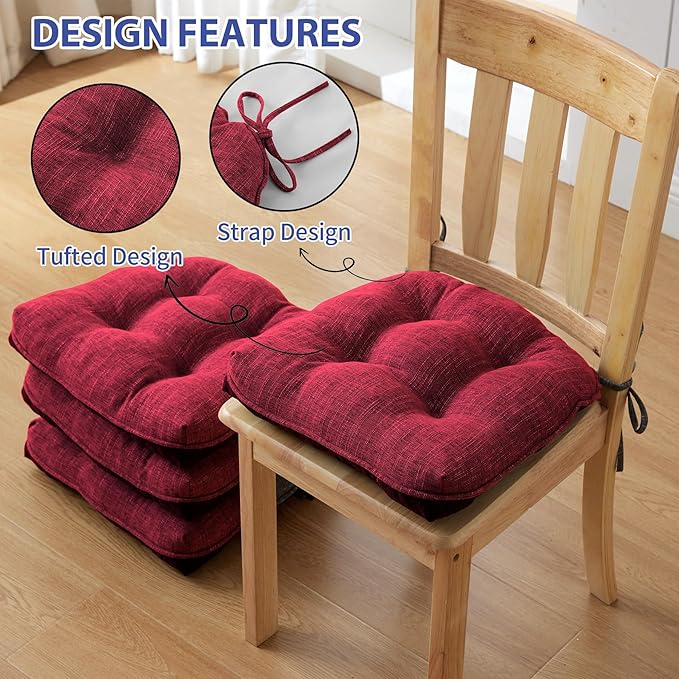Chair Cushions for Dining Chairs Set of 4, Red Kitchen Chair Cushions, Chair Pads with Ties and Non Slip Backing, Christmas Room Decor, Tufted Memory Foam Seat Cushion 4 Pack, 15.5"x15.5"x4"