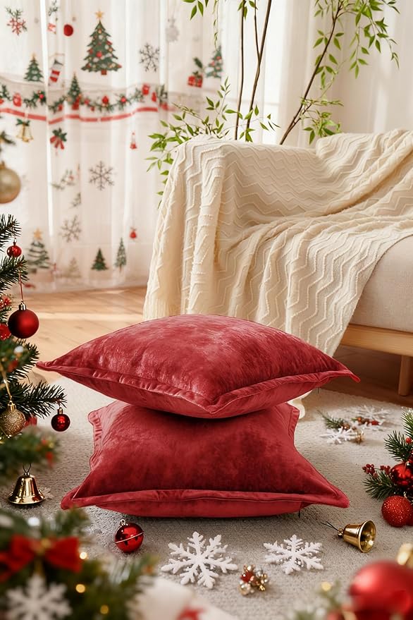 Luxurious Velvet Throw Pillow Covers 20x20 Set of 2 Decorative Pillow Covers Solid Square Cushion Case for Sofa Couch Bedroom Farmhouse, Red