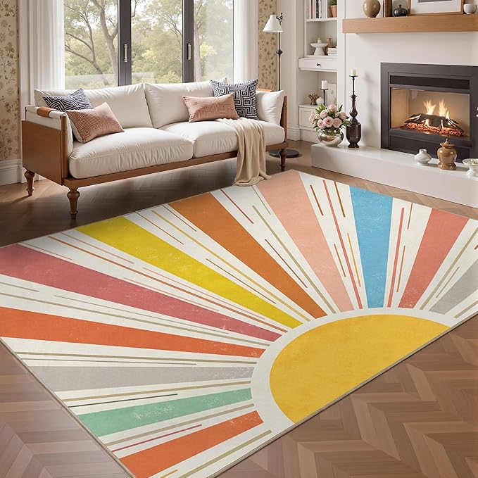 Multicolored Outdoor Indoor Area Rug Boho Sun Rainbow Washable Outdoor 8x10 Patio Rugs Medieval Aesthetic Vintage Abstract Art Non-Slip Carpet for Living Room, Patio, Porch, Pool Deck (8x10)