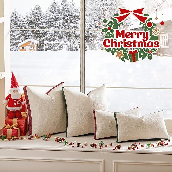 a moment Christmas Red Loop Yarn Linen-Like Pillow Cover Natural Soft Decorative Throw Pillow Case Farmhouse 20x20 Inch, Bohemian Textured Cushion Cover for Sofa Bed, Wrinkle-Resistant Home Decor