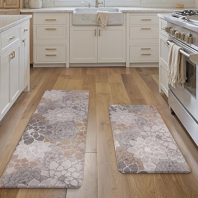 GENIMO Kitchen Mats for Floor, Kitchen Rugs Non Slip Washable Sets of 2, Waterproof Cushioned Anti Fatigue Mat, Floral Runner Rug for Laundry, Sink, Office, Home, 20"x32"+20"x48", Taupe Grey