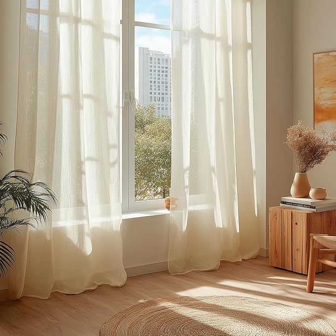 Dreaming Casa Ivory Sheer Curtains 204 Inches Long, Rod Pocket & Back Tab Light Filtering Textured Sheers for Living Room Bedroom, 2 Panels, Each 52" W x 204" L