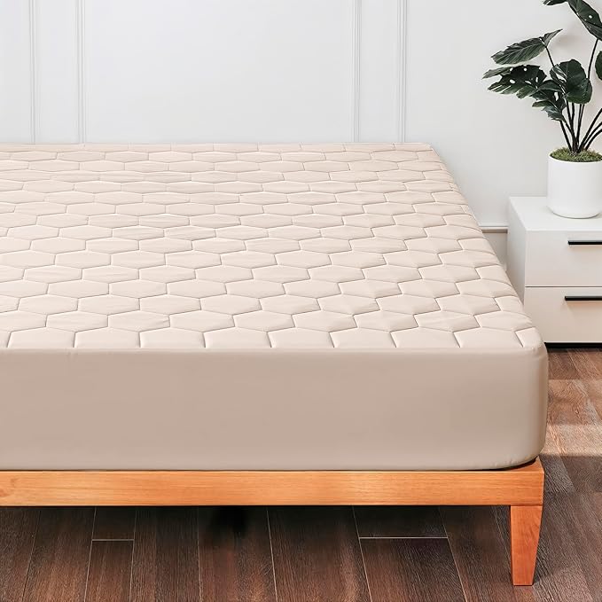Hearth & Harbor Twin XL Size Quilted Fitted Mattress Pad Cover, 100% Waterproof Mattress Protectors, College Dorm Room Essentials, Deep Pocket Fitted Mattress Cover 8" - 21", Beige Cream
