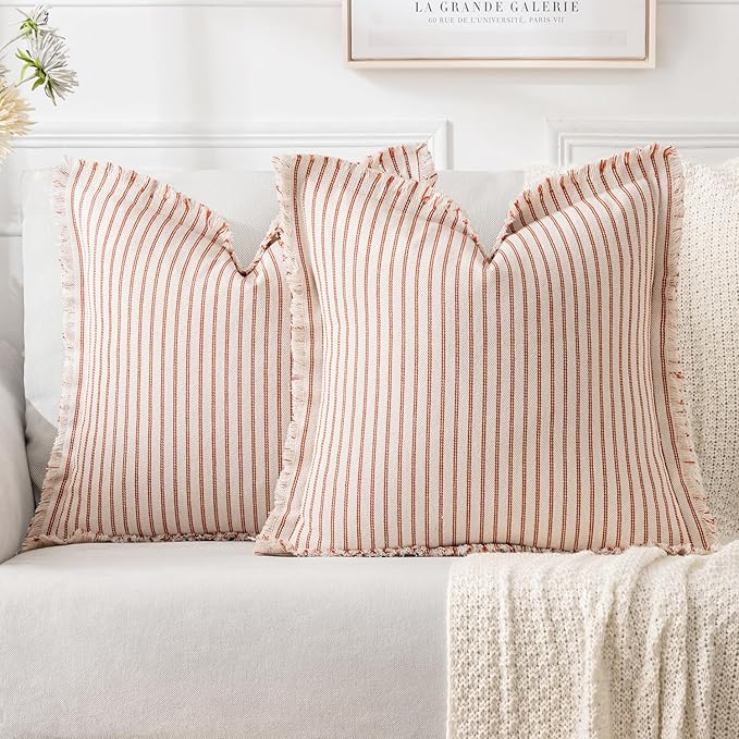 MIULEE Pack of 2 Rust Pillow Covers 24x24 Inch Striped Farmhouse Couch Throw Pillow Covers with Fringe Chic Linen Decorative Cushion Eruo Sham for Sofa Living Room Bed Outdoor Home Decor