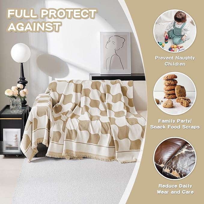 MEETSKY Oversized Sofa Cover Couch Cover for Sectional Sofa, Modern Jacquard Sofa Slipcover Loveseat Futon Cover, Pet Couch Cover Washable Couch Protector, Khaki Checkerboard