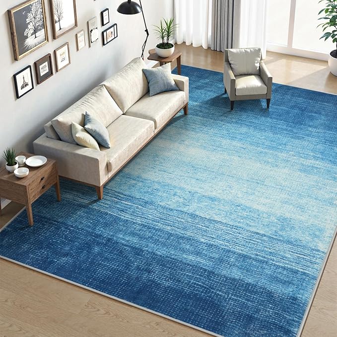 Wonnitar Modern Ombre Washable Area Rug, Blue 9x12 Large Living Room Rug, Non-Slip Soft Dining Room Rug for Under Table, Ultra-Thin Gradient Accent Carpet for Bedroom Mud Room (Blue, 9'x12')