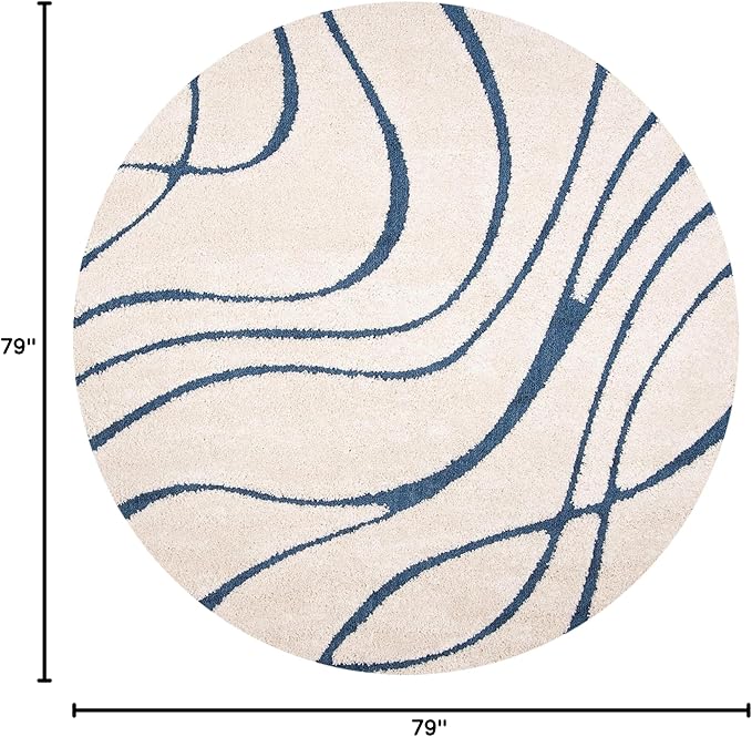 SAFAVIEH Florida Shag Collection 6'7" Round Cream/Blue SG471 Abstract Wave Non-Shedding Living Room Bedroom Dining Room Entryway Plush 1.2-inch Thick Area Rug