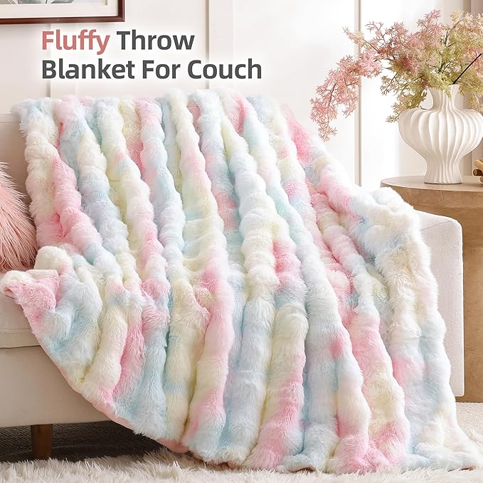 Smoofy Faux Fur Throw Blanket for Couch – Rainbow Fluffy Cozy Rabbit Fleece, Plush Soft Bubble Blanket for Sofa & Bed, for Mom, Warm Fuzzy Home Room Decor Throw 60" x 80"