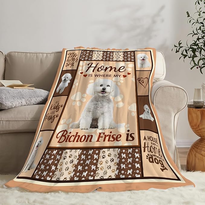Bichon Frise Dog Print Blanket Best Dog Pet Animal Throw Blankets for Couch Sofa Stuff Decor Gifts Lightweight Soft Cozy Fleece Plush Warm Flannel Bedding for Lover Man Woman Teen Adults 60"x80"