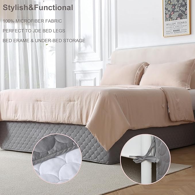 King Size Gray Bed Skirt with 14-Inch Drop, Easy Fit Wrap-Around Cover for Bed, Wrinkle-Free and Fade-Resistant Box Spring Cover. (Gray Seashells, King)